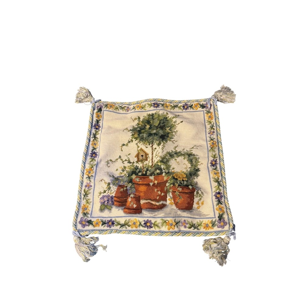 Katha Diddel Needlepoint Pillow Cover Wool Garden Topiary Tassels Handmade 16x16